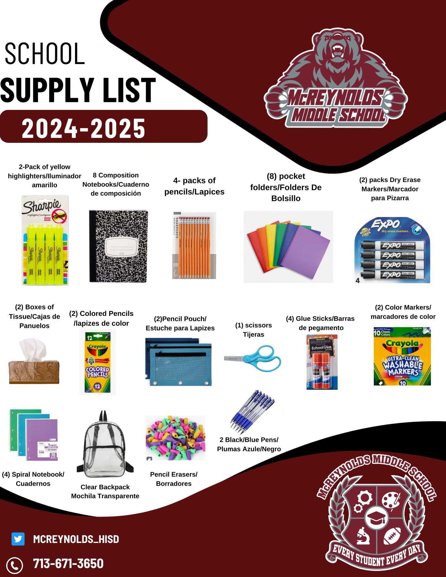  List of supplies students will need